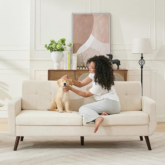 Tbfit 77" W Loveseat Sofa, Mid Century Modern Love Seat Couches for Living Room, Button Tufted Upholstered Small Sofa Couch for Bedroom, Beige