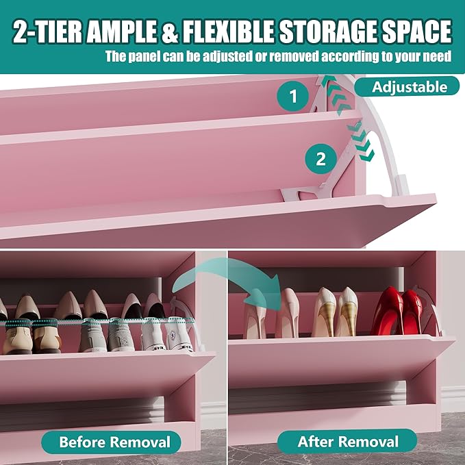 Shoe Storage Cabinet for Entryway with 3 Flip Drawers, Sturdy Wood Hidden Shoe Storage, Freestanding Narrow Slim Shoe Organizer for Front Door Entrance, Living Room, Hallway, Bedroom, Pink