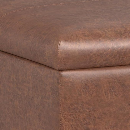 SIMPLIHOME Gabbie 36 inch Wide Contemporary Square Square Coffee Table Storage Ottoman in Distressed Saddle Brown Vegan Faux Leather, Assembled, for The Living Room, Entryway and Family Room