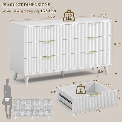 Lulive White Dresser for Bedroom Wood Dressers Chest of Drawers, Fluted 53.2" Wide Modern Long Dresser TV Stand 6 Drawers for Bedroom, Closet, Living Room, Hallway (White)