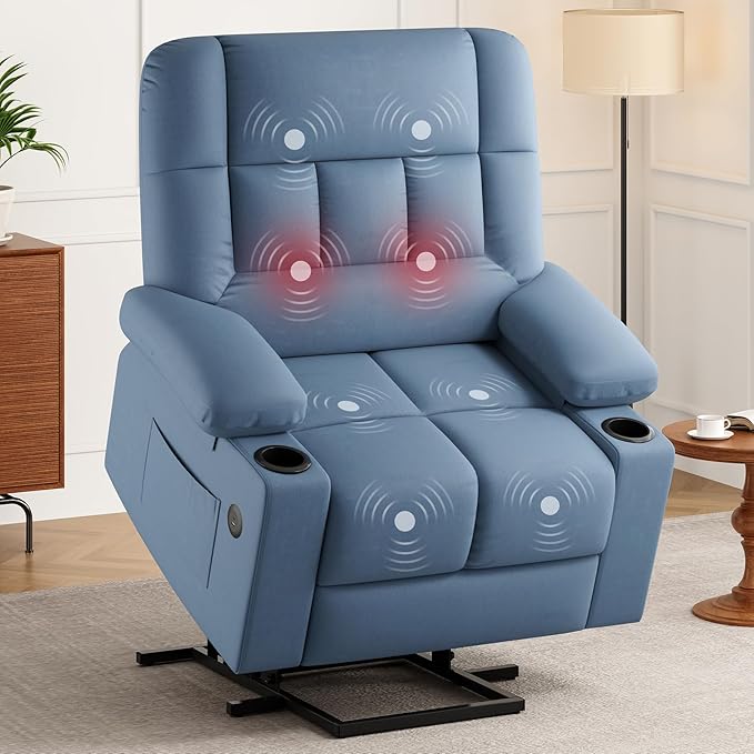 Soohow Oversized Power Lift Recliner Chair with Massage and Heat for Elderly Big and Tall, Large Fabric Recliner Wide Electric Recliner Chair with USB Ports, Cup Holders, Side Pockets