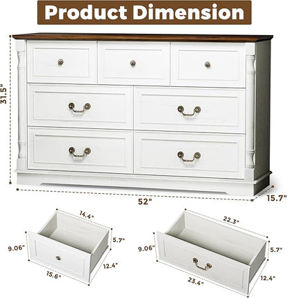 Farmhouse 7 Drawer Dresser for Bedroom, 52" Wide Rustic Chest of Drawers with Retro Handle, White Dresser with Natural Texture, Wood Vintage TV Stand for Living Room, Hallway, Antique White