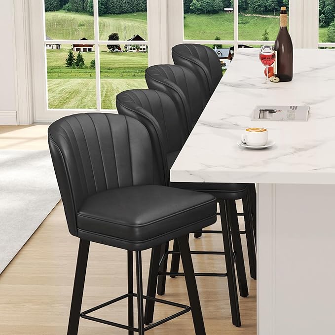 Swivel Counter Height Bar Stools Set of 3, 26'' Modern Barstools with Backs and Metal Legs, Upholstered Bar Chairs, Faux Leather Black Stools for Kitchen Island Chairs
