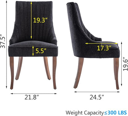 mikibama Linen Dining Chairs Set of 2 Channel Tufted Kitchen Dinner Chair Comfy Fabric Upholstered Accent Chair for Dining Room with Solid Wood Legs (Black)