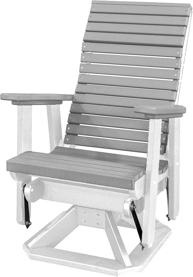 DutchCrafters Modern Horizontal Slat High Back Poly Adirondack Swivel Glider Outdoor Patio Chair (White & Light Gray)