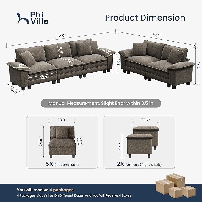 PHI VILLA Cloud Modular Couches Sets, 2 Pieces Comfy Sectional Sofa Set with Loveseat, 5-Seater Upholstered Couch for Living Room, Chenille Fabric, Smoky Grey