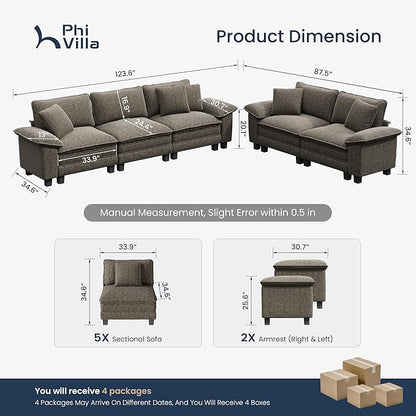PHI VILLA Cloud Modular Couches Sets, 2 Pieces Comfy Sectional Sofa Set with Loveseat, 5-Seater Upholstered Couch for Living Room, Chenille Fabric, Smoky Grey