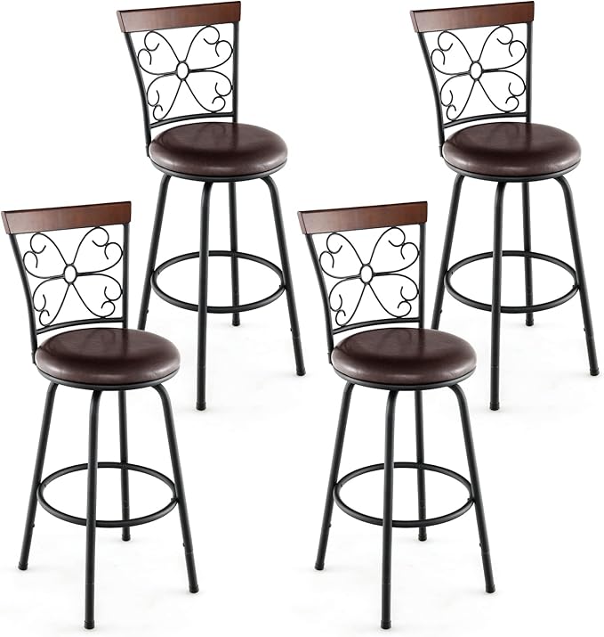 COSTWAY Bar Stools for Kitchen Island, 24/30 Inch Adjustable Seat Height Swivel Barstools Set of 4, Cushioned Seat & Cozy Backrest, Extra Leg Tubes for Height Adjustment, for Kitchen, Bar (4)