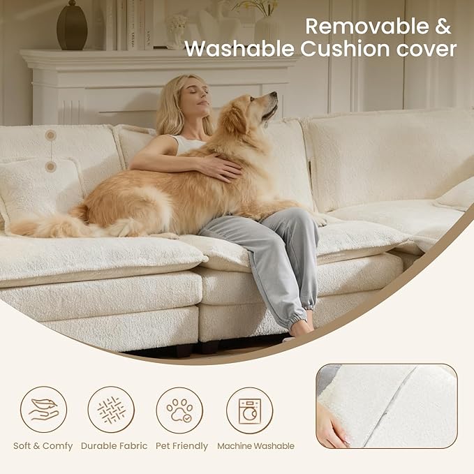 112" Modular Sectional Sofa with Movable Ottoman, L Shaped Couches for Living Room, 3 Seater Comfy Cloud Couch with Removable Cover, Armrest Pillow (Beige)