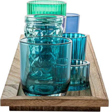 Creative Co-Op Wood Tray with 9 Blue & Green Glass Votive Holders