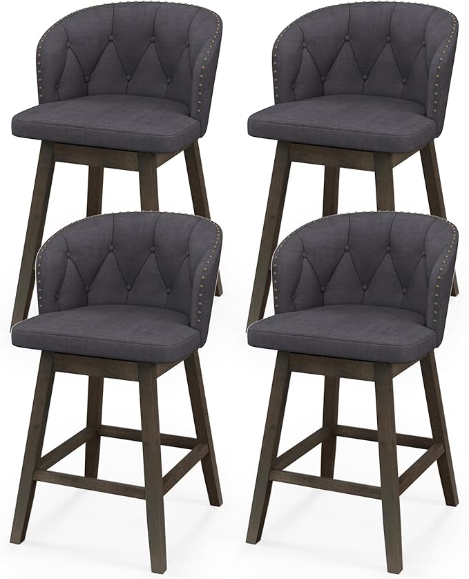 COSTWAY Counter Height Bar Stools Set of 4, Fabric Upholstered Island Stools with 360° Swivel Seat & Button-Tufted Back, Modern Pub Stools with Solid Rubber Wood Frame (Grey,4)