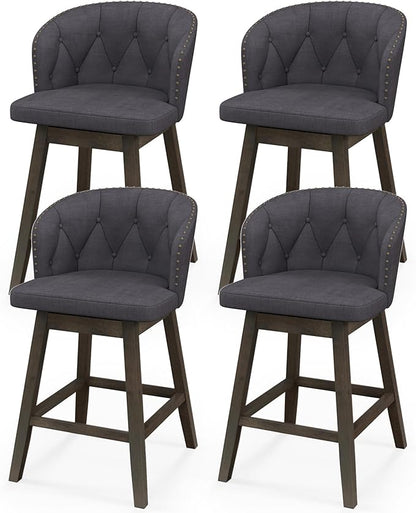 COSTWAY Counter Height Bar Stools Set of 4, Fabric Upholstered Island Stools with 360° Swivel Seat & Button-Tufted Back, Modern Pub Stools with Solid Rubber Wood Frame (Grey,4)