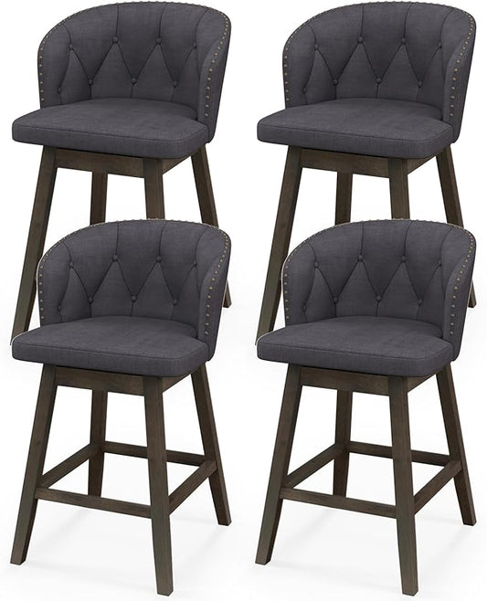 COSTWAY Counter Height Bar Stools Set of 4, Fabric Upholstered Island Stools with 360° Swivel Seat & Button-Tufted Back, Modern Pub Stools with Solid Rubber Wood Frame (Grey,4)