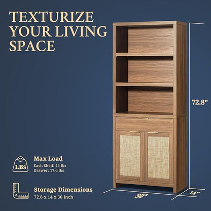 Hampstead Bookcase, Rattan Bookcase with Doors Cabinet and Drawer, 5-Tier Bookshelf, Large Wooden Book Case, Tall Bookshelves for Library Living Room (Weathered Oak, 1 Piece)