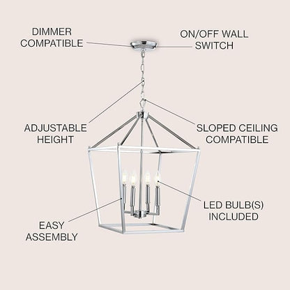 JONATHAN Y JYL7437C Pagoda Lantern Dimmable Adjustable Metal LED Pendant Classic Traditional Farmhouse Dining Room Living Room Kitchen Foyer Bedroom Hallway, 16 in, Chrome