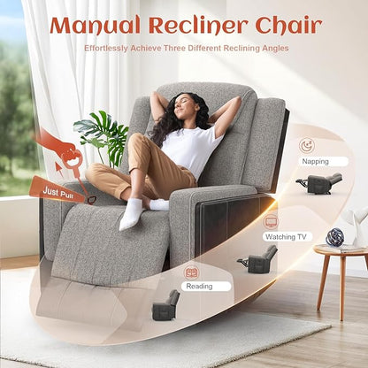 Oversize Manual Recliner Chair for Adults, Extra Wide Single Reclining Sofa Chair with Ergonomic, FSC Certified, Grey Linen-Blend & Chocolate Leather Scandinavian Chic for Living Room, RV