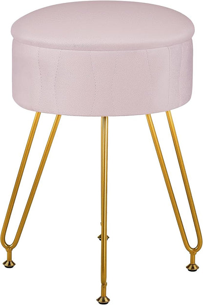VECELO Vanity Stool with Storage, Velvet Chair for Vanity, Strong Metal Legs, Anti-Slip Feet, Padded Seat for Make Up, Bedroom, Living Room, Entryway, Pink