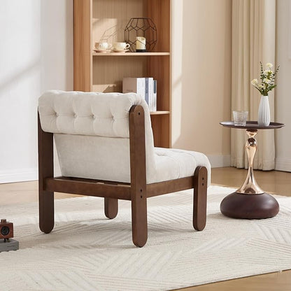 HEAH-YO Accent Chair Set of 2,Modern Vintage Living Room Chair for Bedroom with Button Tufted Back and Wood Legs,Upholstered Comfy Reading Chair for Makeup Vanity Cafe,Chenille Beige