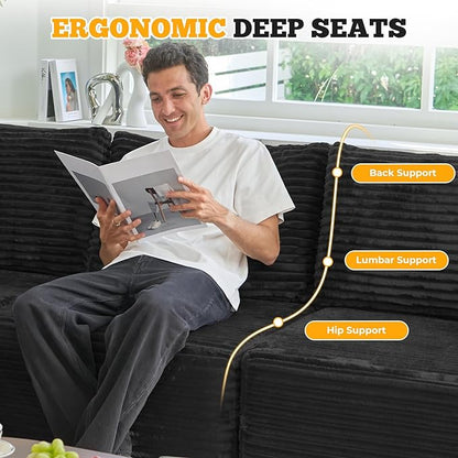 113" Modular Sectional Sofa, Convertible U-Shaped Cloud Couches for Living Room with Ottoman, 5 Seater Corduroy Boneless Couch Sofa Set, No Assembly Required, Black 1 PCS