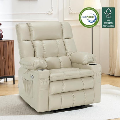 MCombo Dual Motor Power Lift Recliner Chair for Elderly, Lay Flat Lift Chair with Heat and Massage, Cup Holders, USB Ports, Faux Leather 7890 (Cream White, Medium)