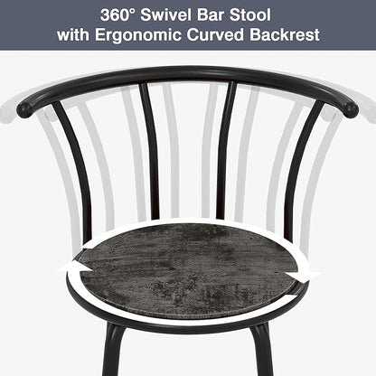 VECELO Bar Stools Set of 2, Swivel Counter Barstools with Backrest, Bar Height Chairs for Dining Room, Kitchen Island, Pub, Easy Assembly, Retro Grey