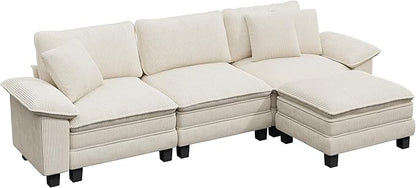 123-Inch L Shaped Sectional Sofa with Cloud Cushions, Deep Seat Modular Couch Set w/ 4 Seats & 1 Ottomans, Removable Arms, Plush Corduroy Upholstery for Living Room, Apartment - Beige