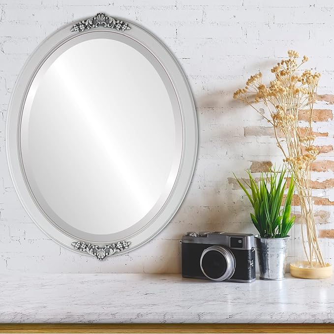 OVALCREST Oval Beveled Wall Mirror for Home Decor - Athena Style - Linen White - 18" x 14" Outside Dimensions