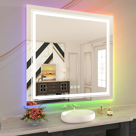 WTTY RGB LED Bathroom Mirror 36"x36" with Backlit and 3 Front Light,Stepless Dimmable LED Mirror for Bathroom,Lighted Bathroom Vanity Mirror for Wall,Anti-Fog,Memory Function,Shatter-Proof