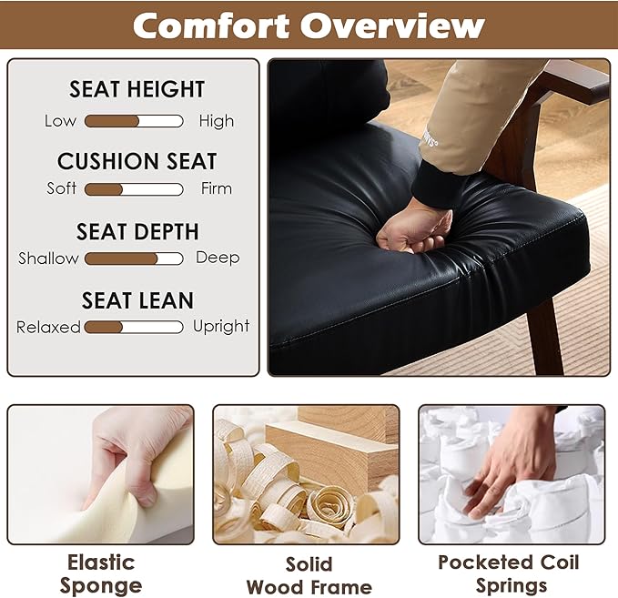 STHOUYN Black Leather Office Accent Chair with Wooden Arms, Office Lounge Chair, Mid Century Modern Chair, Side Arm Chairs for Living Room, Guest Waiting Room Chairs (1, Black)