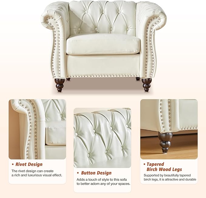 Living Room Chair, Modern Leather Chesterfield Sofa Chair, Mid Century Single Sofa Couch Chair with Tufted Back and Rolled Arms, Accent Sofa Chair for Living Room Apartment, White