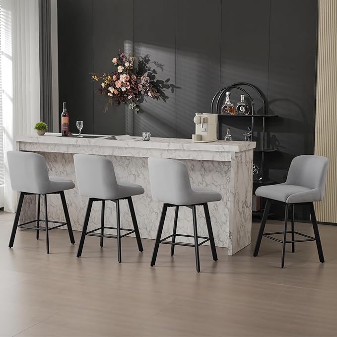 Swivel Bar Stools Set of 6, 26''H Upholstered Barstools with Backs, Modern Counter Height Bar Stool Chairs for Kitchen Island, Metal Legs, Fabric, Light Gray Counter Stools