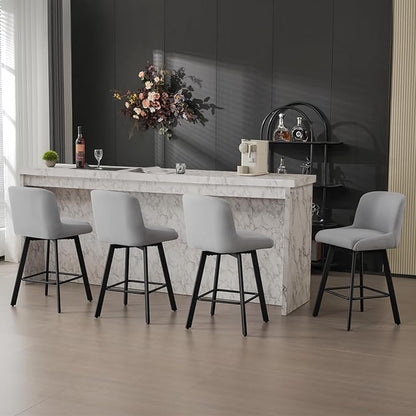 Swivel Bar Stools Set of 6, 26''H Upholstered Barstools with Backs, Modern Counter Height Bar Stool Chairs for Kitchen Island, Metal Legs, Fabric, Light Gray Counter Stools