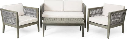 Christopher Knight Home Outdoor Acacia Wood Patio Set, 4-Pieces Patio Conversation Set, Outdoor Furniture with Coffee Table, Patio Deep Seating with Cushion, Porch Chairs for Garden, Grey+Beige