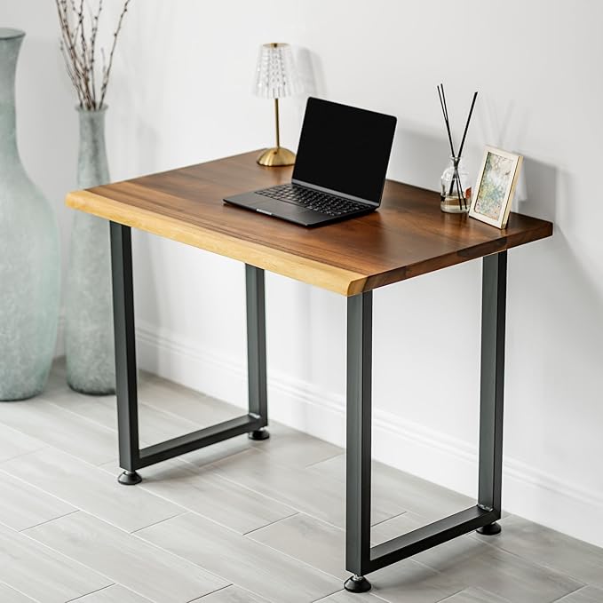 Small Solid Walnut Wood Computer Desk – 38” x 25” Live Edge Wooden Home Office Desk with Sturdy Metal Legs – Handmade Real Wood Table for Work, Study, or Gaming