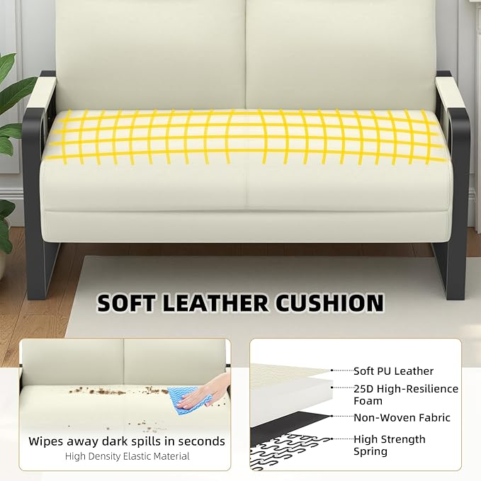 Faux Leather Loveseat Couch for Living Room Bedroom Office, Small Sofa 2 Seater Couch with Flip Up Tray Table Side Pockets Leather Loveseats, Beige