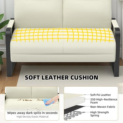 Faux Leather Loveseat Couch for Living Room Bedroom Office, Small Sofa 2 Seater Couch with Flip Up Tray Table Side Pockets Leather Loveseats, Beige