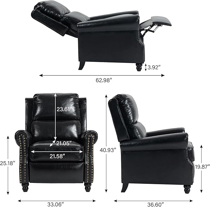 Faux Leather Recliner Chair, Modern Pushback Armchair with Adjustable Backrest & Footrest for Bedroom, Living Room (Black,Set of 1)