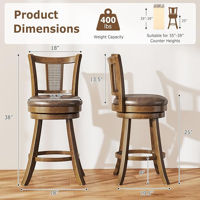 COSTWAY Counter Height Barstools Set of 2, 25” Solid Rubber Wood Swivel Counter Chairs with Faux Leather Seat, Curved PE Rattan Back, for Living Room & Kitchen Island, Brown (2, 25” Seat Height)