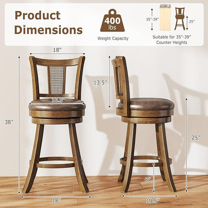 COSTWAY Counter Height Barstools Set of 4, 25” Solid Rubber Wood Swivel Counter Chairs with Faux Leather Seat, Curved PE Rattan Back, for Living Room & Kitchen Island, Brown (4, 25” Seat Height)