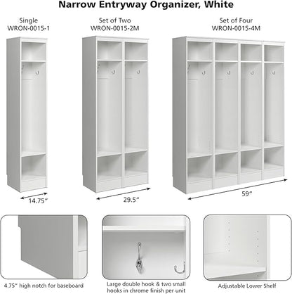 Prepac Narrow Coat Rack Freestanding Hall Tree with 3 Hooks, Entryway Furniture for Coat and Shoe Storage, Entryway Organization with an Adjustable Shelf, 14.75"W x 72.5"H x 15.5"D, White