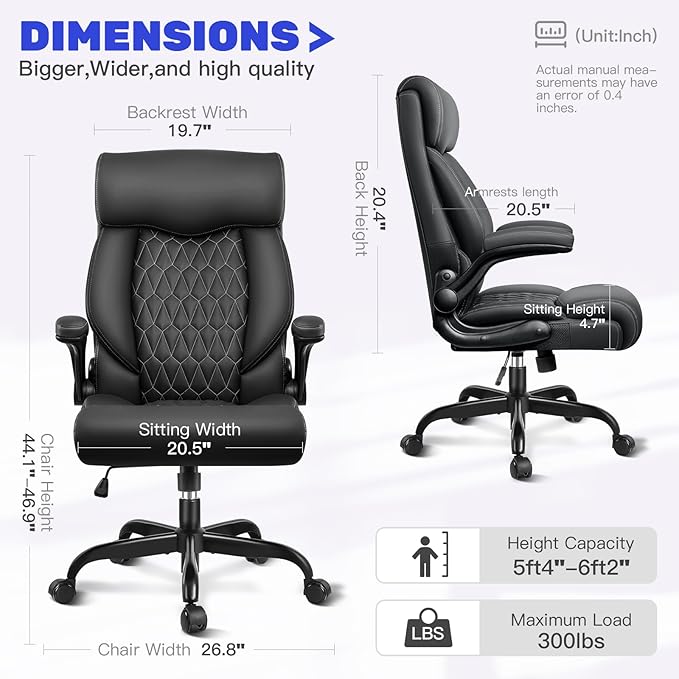 High Back Executive Office Chair - Ergonomic Computer Desk With Rocking Function, Leather Managerial With Adjustable Flip-Up Armrests and Lumbar Support