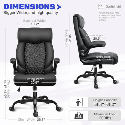 High Back Executive Office Chair - Ergonomic Computer Desk With Rocking Function, Leather Managerial With Adjustable Flip-Up Armrests and Lumbar Support