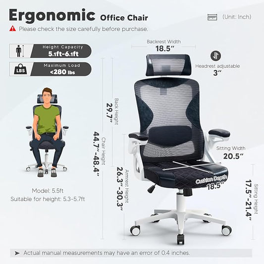 SEATZONE Ergonomic Office Chair,High Back Mesh Office Chair with Adjustable Headrest and Lumbar Support,Swivel Work Task Chair with Wheels,Black
