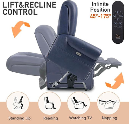 EONIX Four Motor Lay Flat Power Lift Recliner Chair for Elderly, 400lbs Electirc Lift Chair for Living Room, Independent Adjustable Lumbar Support & Headrest, Extended Footrest, Navy Blue