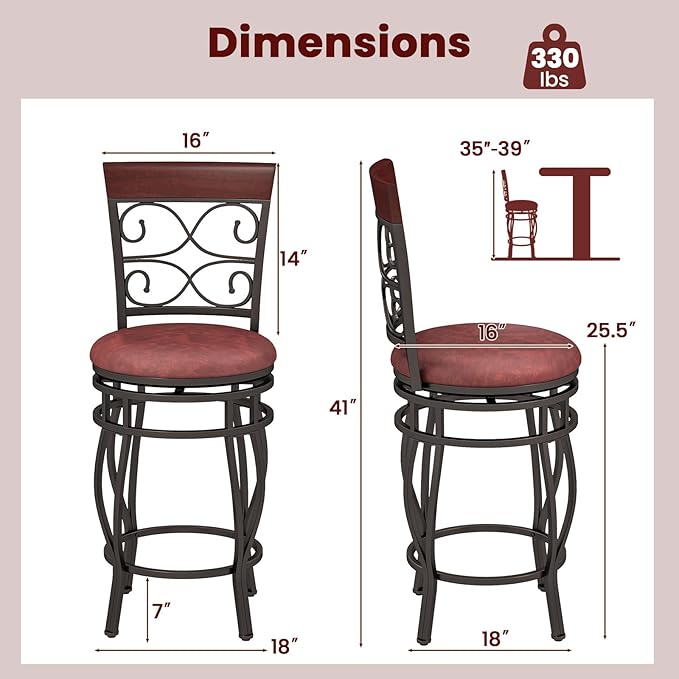 Giantex 26" Swivel Bar Stools Set of 4, Counter Height Bar Stools w/Back, Upholstered PU Leather Seat, Footrest, Max Load 330Lbs, Vintage Metal Barstools for Kitchen Island, Dining Room, Rustic Brown