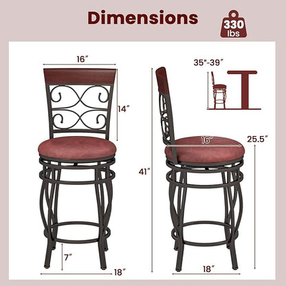 Giantex 26" Swivel Bar Stools Set of 4, Counter Height Bar Stools w/Back, Upholstered PU Leather Seat, Footrest, Max Load 330Lbs, Vintage Metal Barstools for Kitchen Island, Dining Room, Rustic Brown