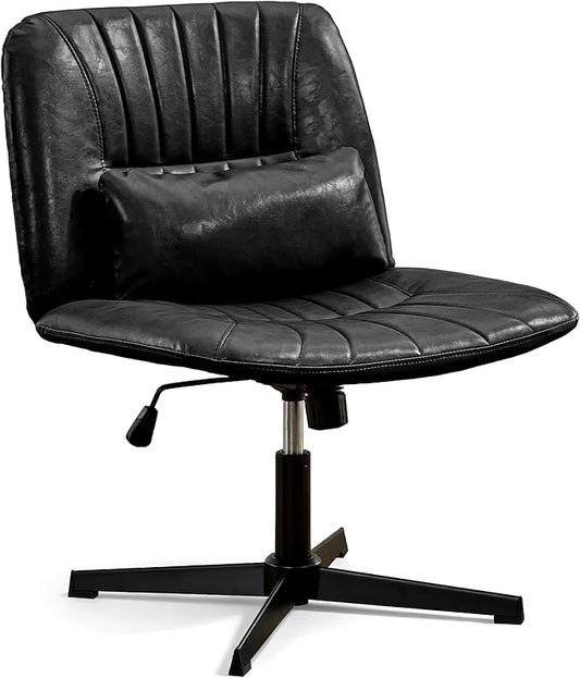 URRED Criss Cross Office Chair, Armless Cross-Legged Desk Chair with Fixed Legs, Height Adjustable Wide Seat Task Vanity Chair for Home Office or Bedroom (Black)