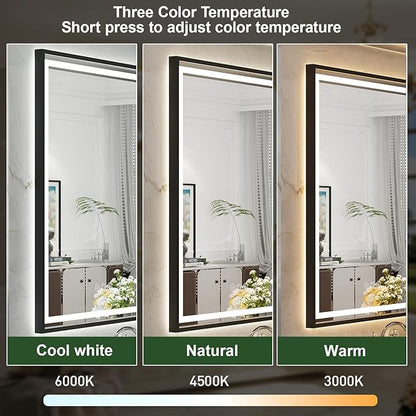 24x32 Inch LED Bathroom Mirror with Lights, Frontlit & Backlit Black Metal Frame Mirror, Wall Mounted Lighted Vanity Mirrors, Double Lights Strips,Anti Fog Dimmable & 3 Colors Temperature