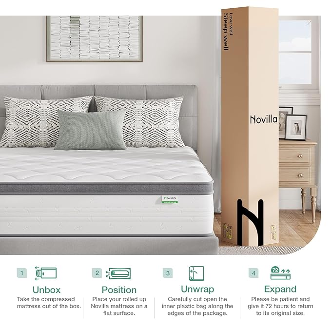 Novilla Queen Mattress in a Box, Queen Size Mattress 10 Inch,Pocket Innerspring with Foam Layer for Motion Isolation & Pressure Relief,Medium Firm Feel,CertiPUR-US