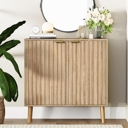 Fluted Storage Cabinet, Free Standing Buffet, Wood Sideboard, Multifunctional Accent Storage for Living Room, Hallway, Entryway, Dining Room (2, Oak)